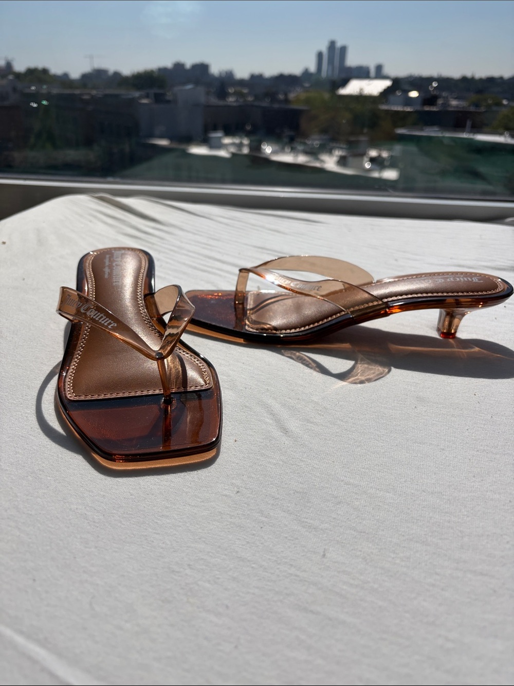 Juicy Couture Bronze Clear Strap Kitten Heel Sandals